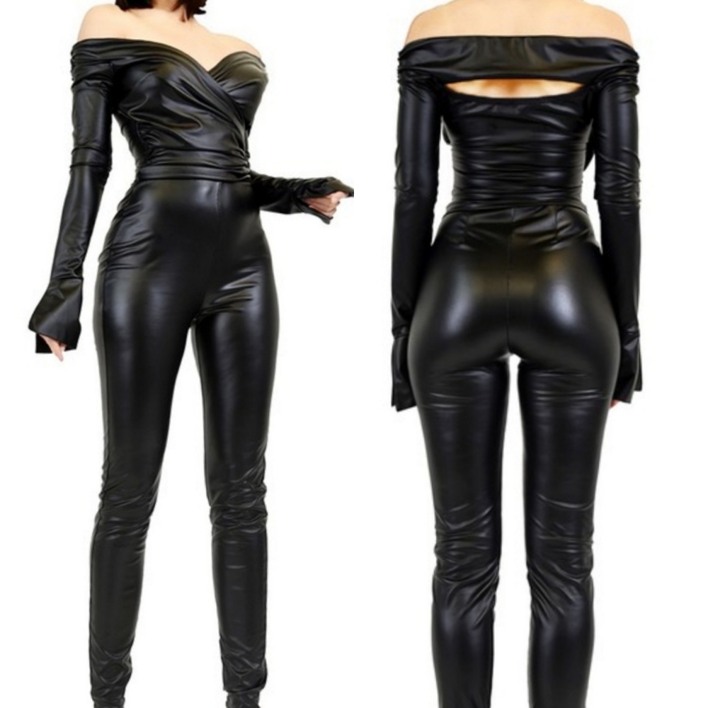 Sexy Black Leather Off-the- Shoulder Top
